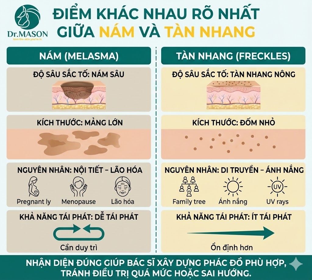 điểm khác nhau nám và tàn nhang