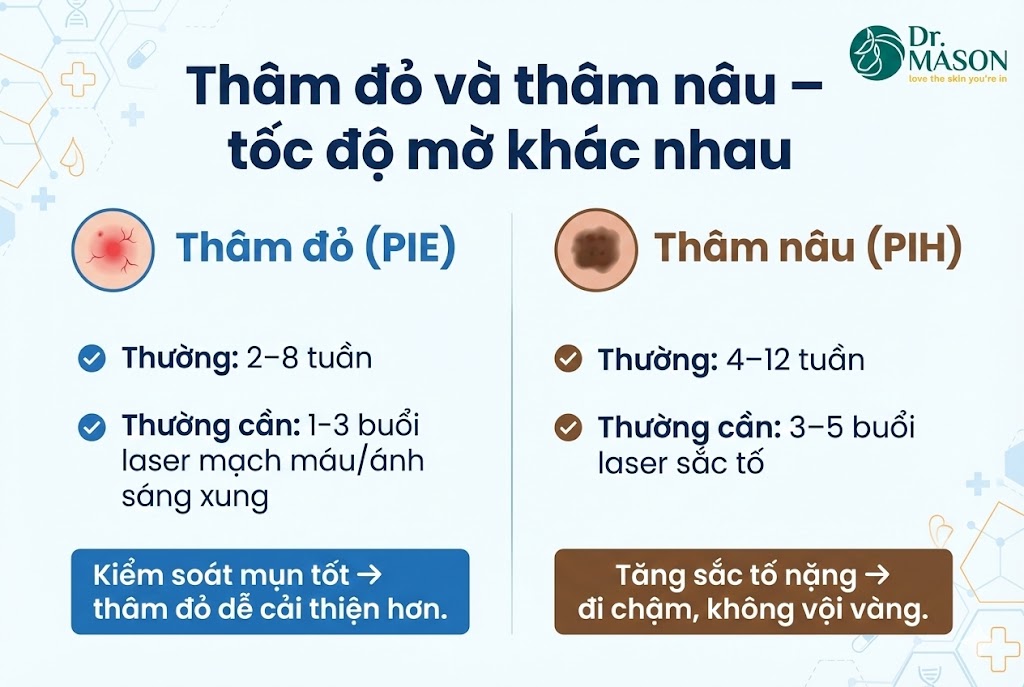thâm đỏ và thâm nâu, thời gian khác nhau