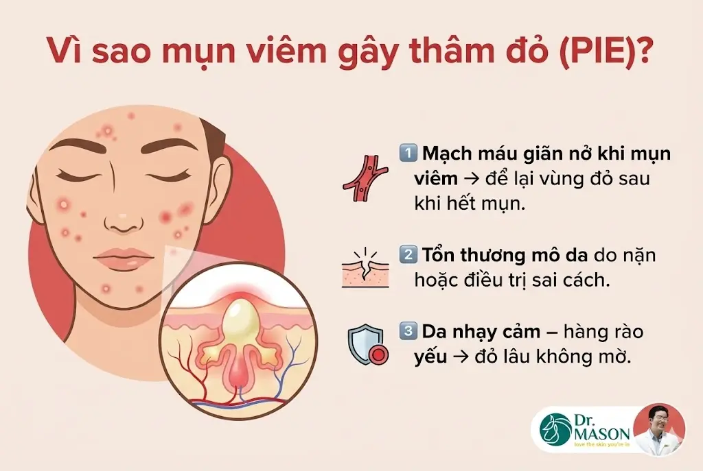 vì sao mụn viêm gây thâm đỏ