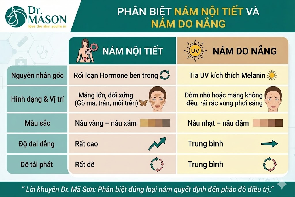 phân biệt nám nội tiết và nám do nắng