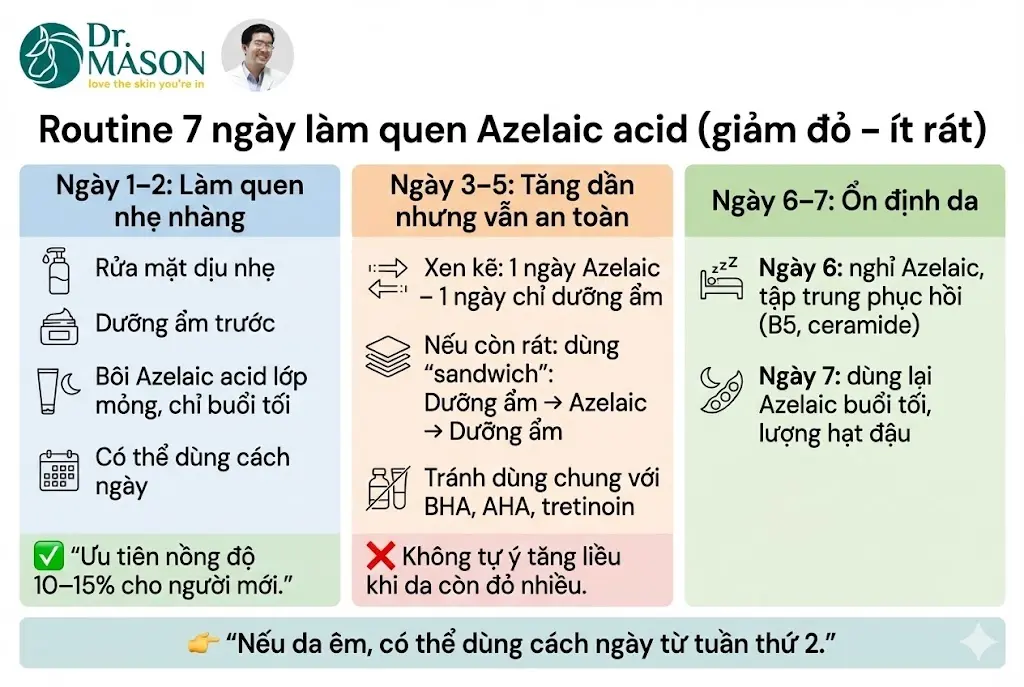 routine 7 ngày giúp giảm rát da khi dùng acid azelaic