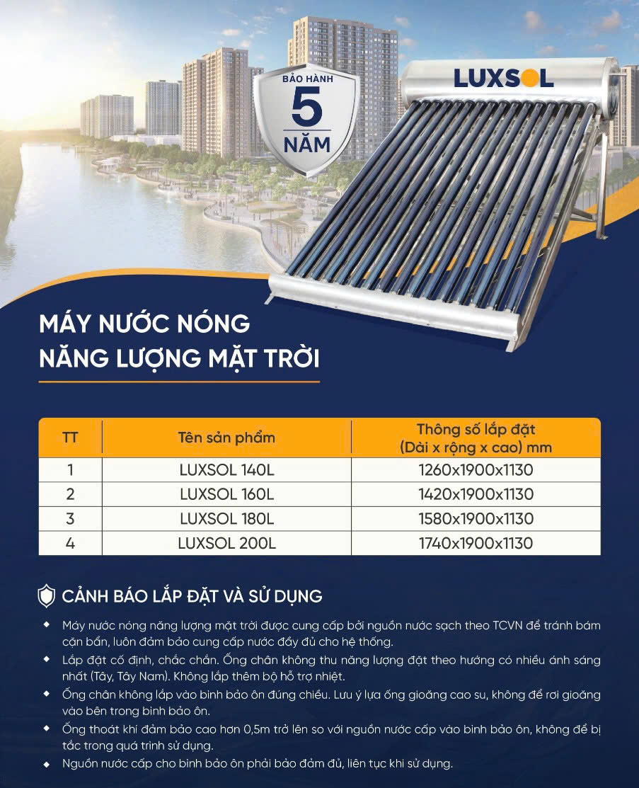 Máy nước nóng năng lượng mặt trời Luxsol 200L Máy nước nóng năng lượng mặt trời Luxsol 200L