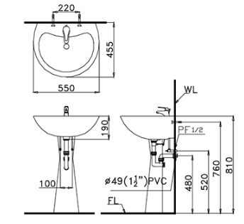 Lavabo chân đứng Caesar L2155+P2440