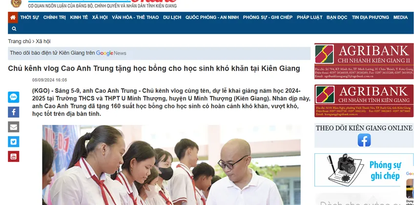 Bài viết trên Báo Kiên Giang về Cao Anh Trung: Tặng Học Bổng Cho Học Sinh Khó Khăn Tại Kiên Giang