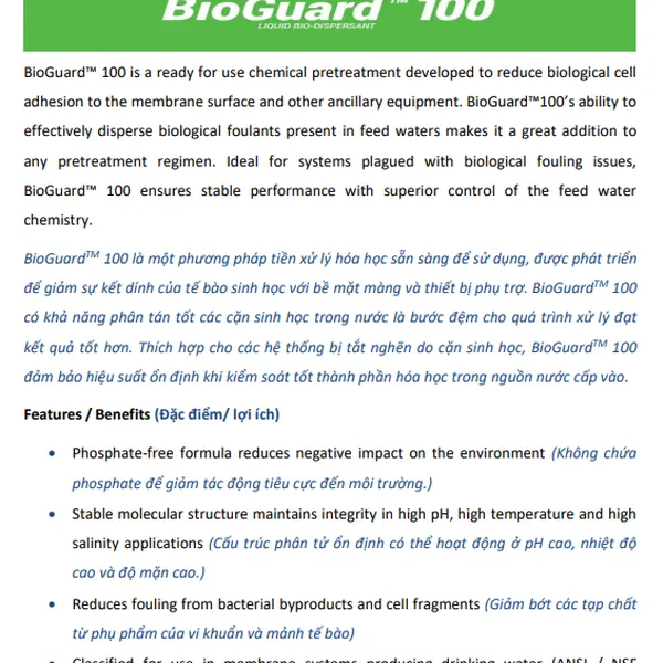 Chống vi sinh cho màng RO BioGuard 100