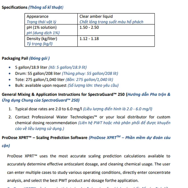 Hóa chất SpectraGuard 250 PWT chống cáu cặn màng RO/NF/UF