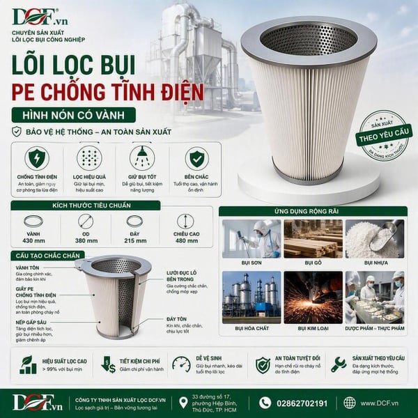 Lõi lọc bụi PE chống tĩnh điện hình nón có vành DCF.vn