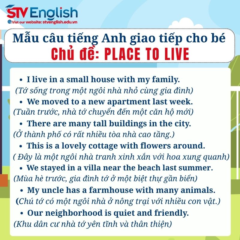 Mẫu câu tiếng Anh giao tiếp cho bé: Chủ đề Place to live Mẫu câu tiếng Anh giao tiếp cho bé: Chủ đề Place to live