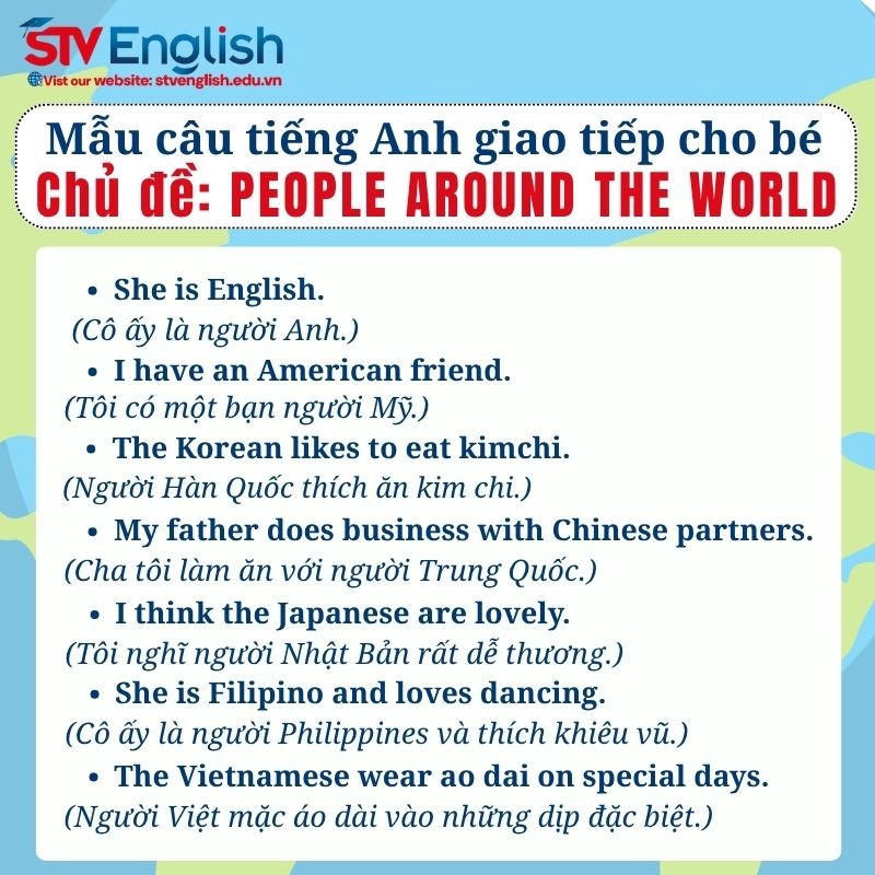 Mẫu câu tiếng Anh giao tiếp cho trẻ em: Chủ đề People around the World Mẫu câu tiếng Anh giao tiếp cho trẻ em: Chủ đề People around the World