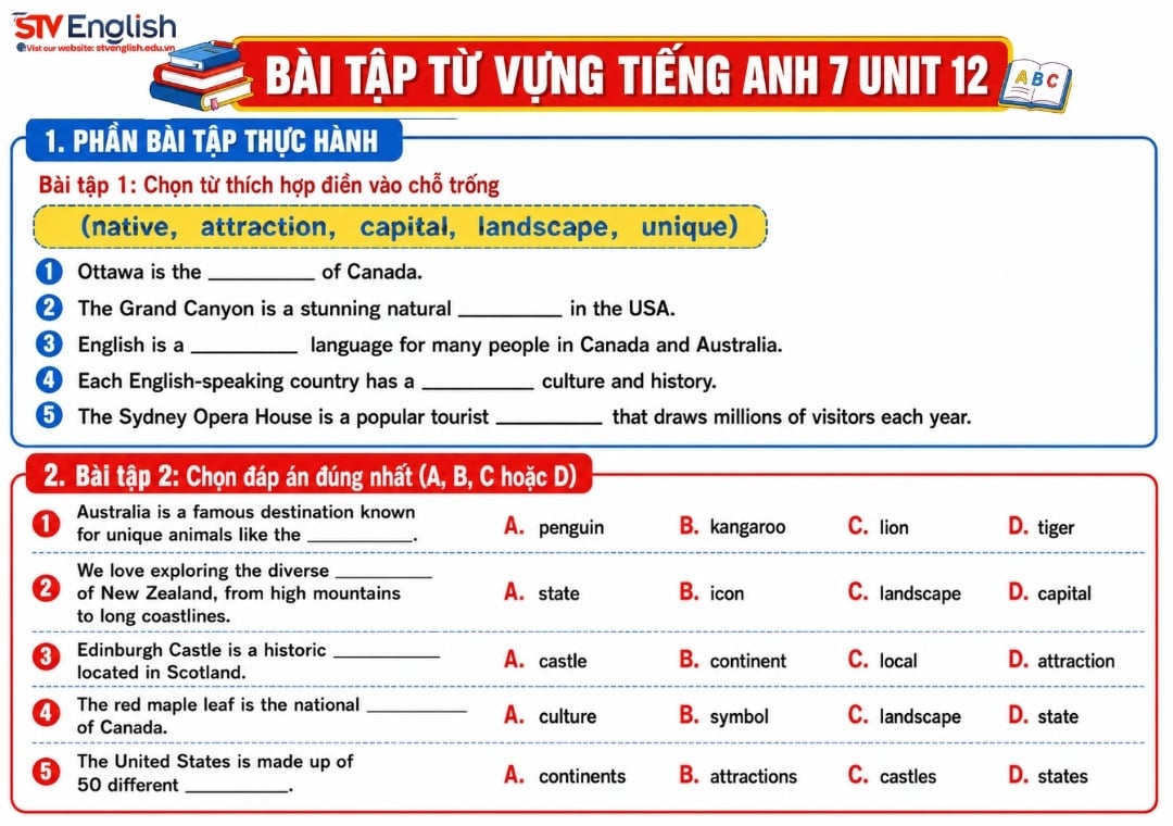 Bài tập về từ vựng tiếng Anh 7 Unit 12 Bài tập về từ vựng tiếng Anh 7 Unit 12