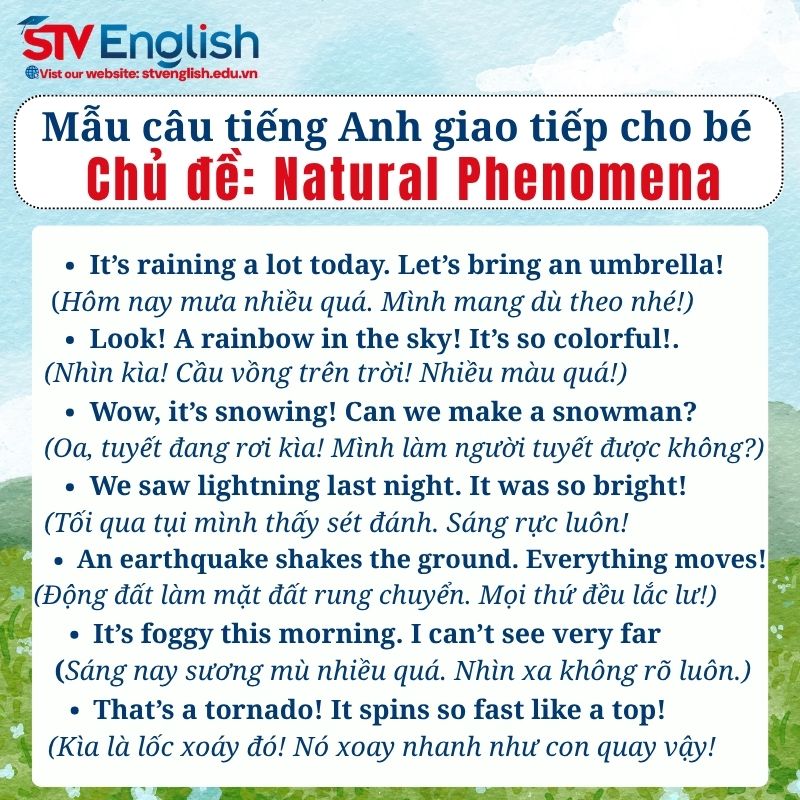 Mẫu câu tiếng Anh giao tiếp cho bé: Chủ đề Natural Phenomena Mẫu câu tiếng Anh giao tiếp cho bé: Chủ đề Natural Phenomena