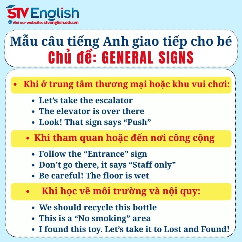 Mẫu câu tiếng Anh giao tiếp cho bé: Chủ đề General Signs Mẫu câu tiếng Anh giao tiếp cho bé: Chủ đề General Signs