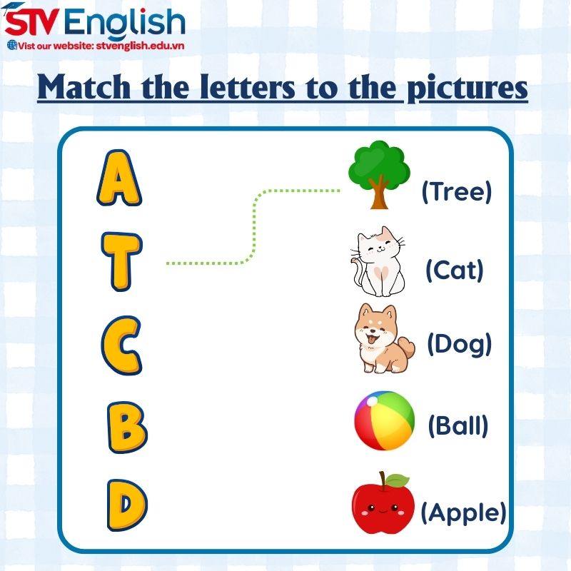 Bài tập tiếng Anh cho bé 5 tuổi: Nối chữ cái với hình ảnh Bài tập tiếng Anh cho bé 5 tuổi: Nối chữ cái với hình ảnh