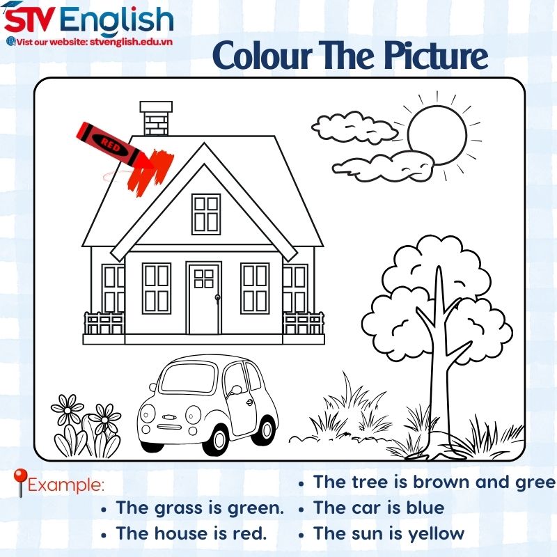 Bài tập tiếng Anh cho bé 5 tuổi: Tô màu theo hướng dẫn Bài tập tiếng Anh cho bé 5 tuổi: Tô màu theo hướng dẫn