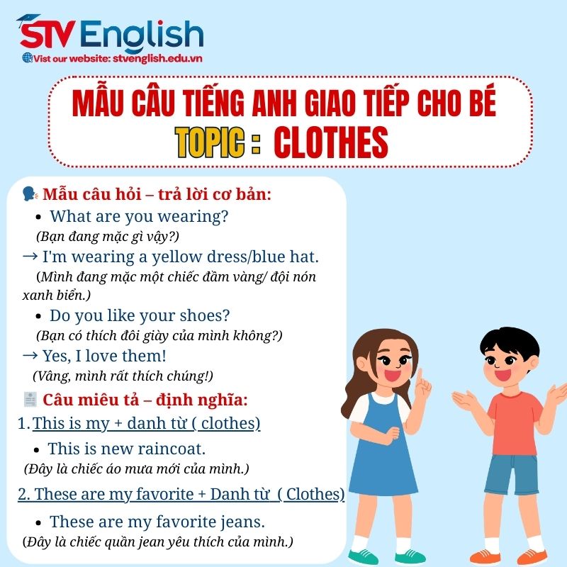 Mẫu câu tiếng Anh giao tiếp cho bé: Chủ đề Clothes Mẫu câu tiếng Anh giao tiếp cho bé: Chủ đề Clothes
