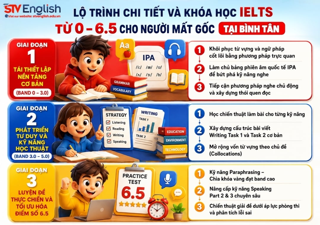 Lộ trình chi tiết và khóa học IELTS từ 0 – 6.5 cho người mất gốc tại Bình Tân Lộ trình chi tiết và khóa học IELTS từ 0 – 6.5 cho người mất gốc tại Bình Tân