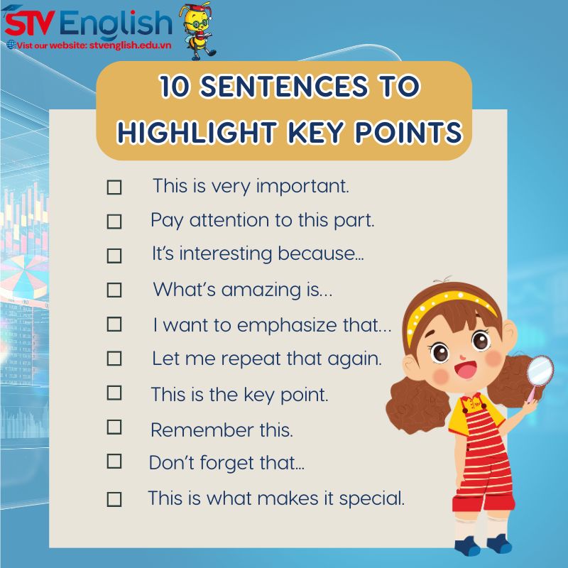 Thuyết trình tiếng Anh cho trẻ em: 10 mẫu câu nhấn mạnh ý quan trọng Thuyết trình tiếng Anh cho trẻ em: 10 mẫu câu nhấn mạnh ý quan trọng
