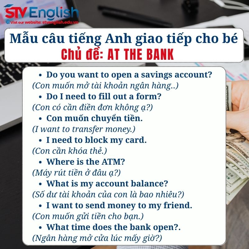 Mẫu câu tiếng Anh giao tiếp cho bé: Chủ đề At the Bank Mẫu câu tiếng Anh giao tiếp cho bé: Chủ đề At the Bank