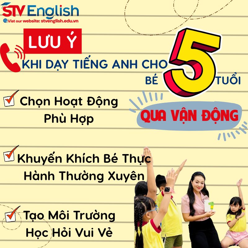 Dạy tiếng Anh cho bé 5 tuổi: Các lưu ý khi áp dụng phương pháp vận động Dạy tiếng Anh cho bé 5 tuổi: Các lưu ý khi áp dụng phương pháp vận động
