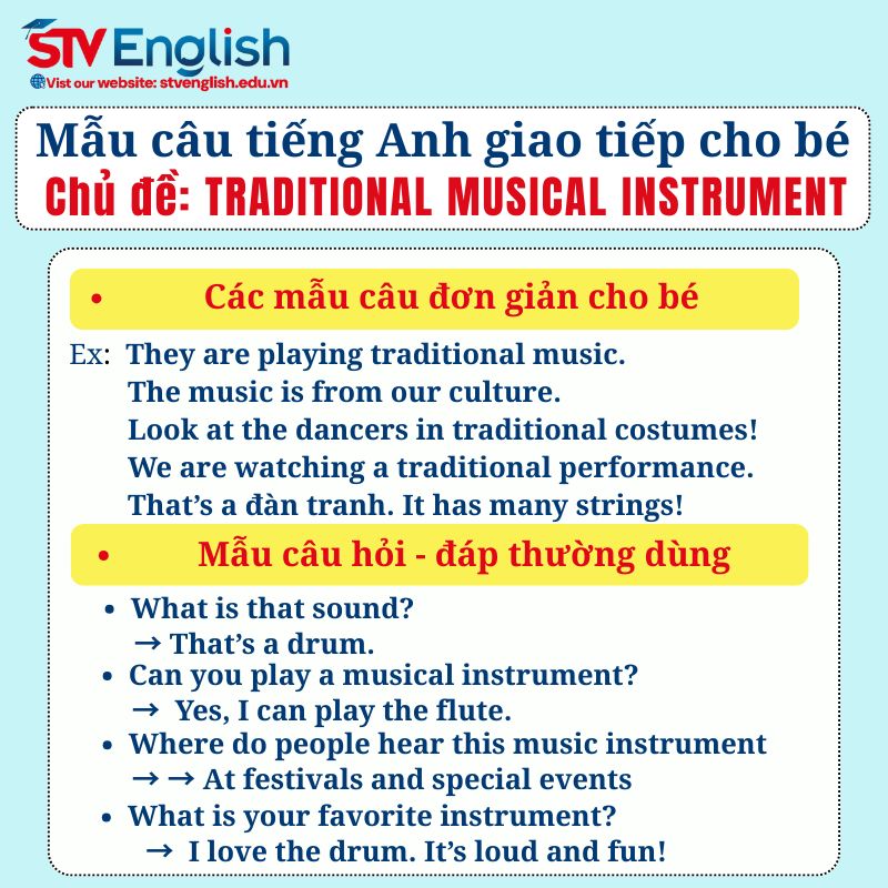 Mẫu câu tiếng Anh giao tiếp cho bé: Chủ đề “Traditional Musical Instrument” Mẫu câu tiếng Anh giao tiếp cho bé: Chủ đề “Traditional Musical Instrument”