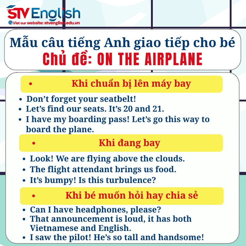Mẫu câu tiếng Anh giao tiếp cho bé: Chủ đề On the Airplane Mẫu câu tiếng Anh giao tiếp cho bé: Chủ đề On the Airplane