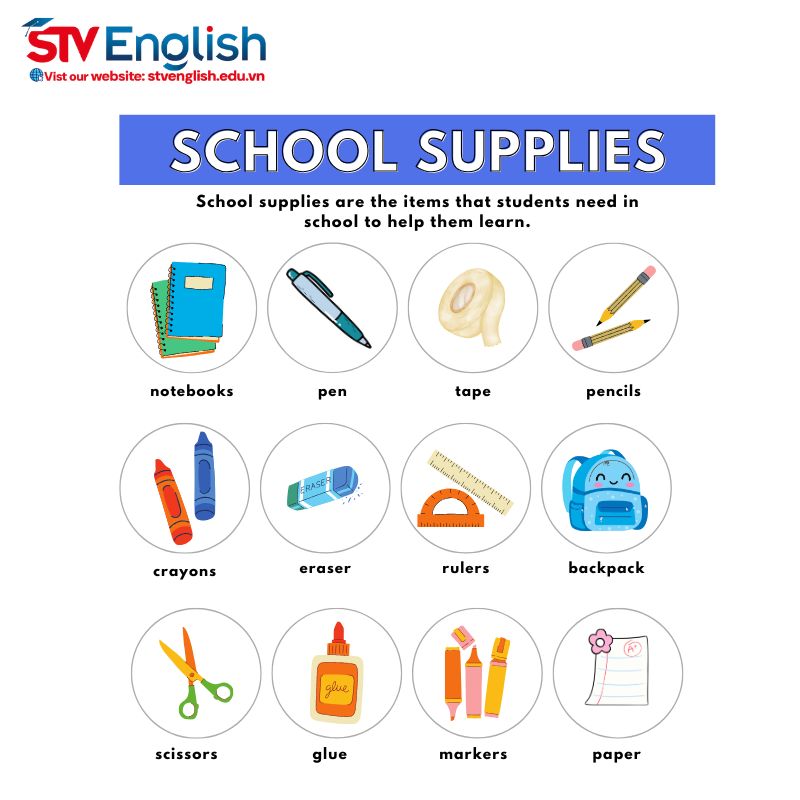 Từ vựng tiếng Anh cho bé 5 tuổi chủ đề School Supplies Từ vựng tiếng Anh cho bé 5 tuổi chủ đề School Supplies