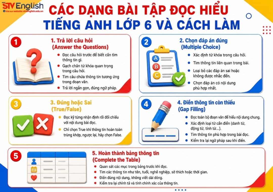 Các dạng bài tập đọc hiểu tiếng Anh lớp 6 Các dạng bài tập đọc hiểu tiếng Anh lớp 6