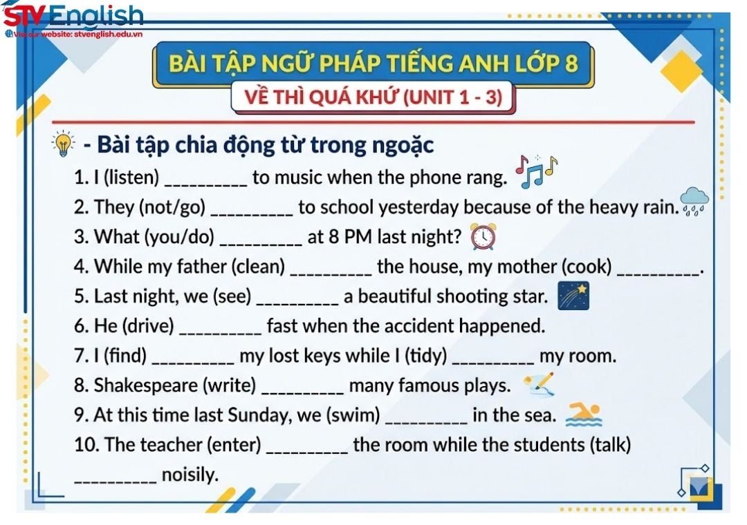 Tổng hợp bài tập ngữ pháp tiếng Anh lớp 8 có đáp án chi tiết theo từng Unit Tổng hợp bài tập ngữ pháp tiếng Anh lớp 8 có đáp án chi tiết theo từng Unit