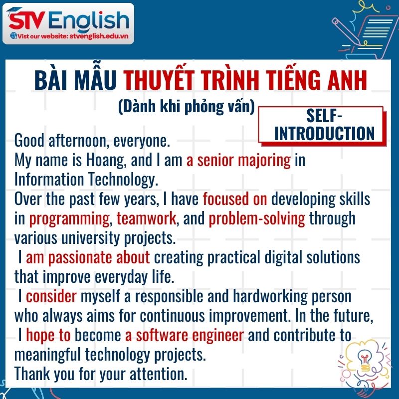 Mẫu bài thuyết trình tiếng Anh về bản thân khi đi phỏng vấn Mẫu bài thuyết trình tiếng Anh về bản thân khi đi phỏng vấn