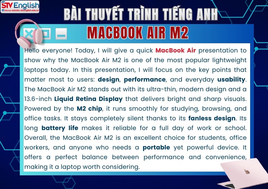 Bài thuyết trình tiếng Anh về MacBook Air M2: Hướng dẫn chuẩn & dễ thực hiện Bài thuyết trình tiếng Anh về MacBook Air M2: Hướng dẫn chuẩn & dễ thực hiện