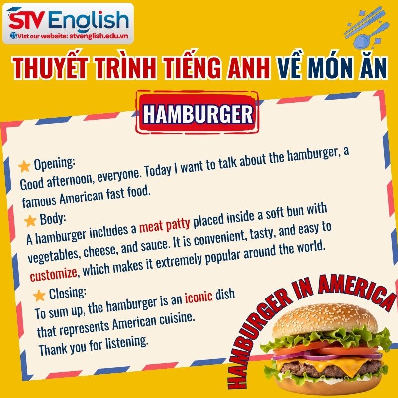 Bài thuyết trình tiếng Anh về món ăn: Hamburger Bài thuyết trình tiếng Anh về món ăn: Hamburger