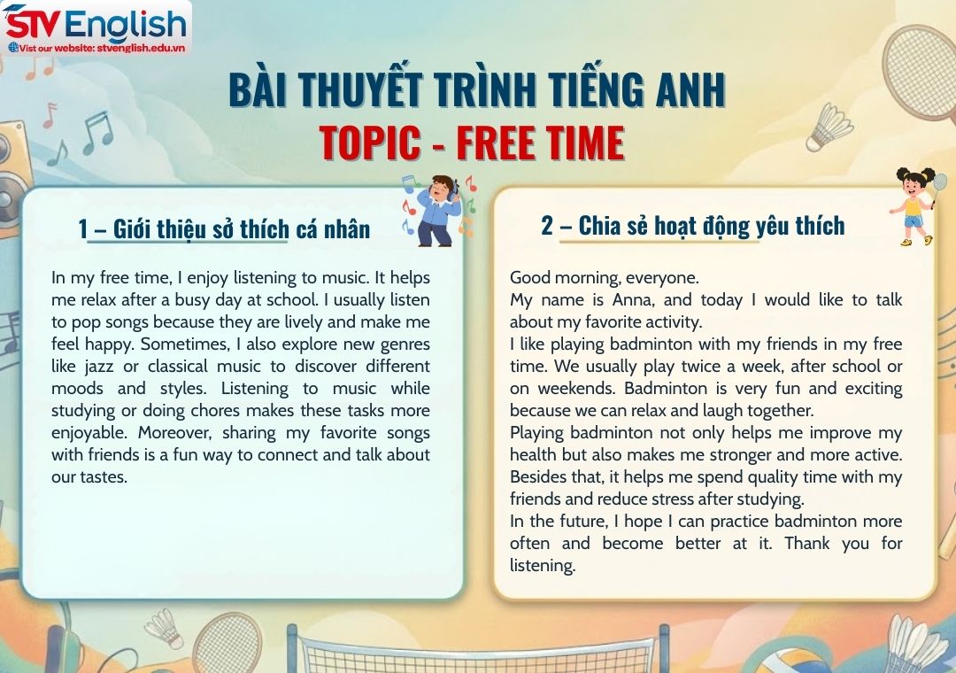 Bài thuyết trình tiếng Anh về thời gian rảnh rỗi (Free time) Bài thuyết trình tiếng Anh về thời gian rảnh rỗi (Free time)