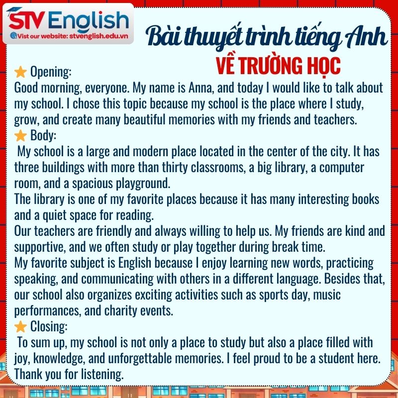 Bài thuyết trình tiếng Anh về trường học mẫu Bài thuyết trình tiếng Anh về trường học mẫu