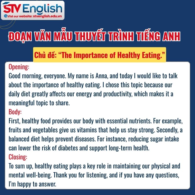 Cách làm một bài thuyết trình bằng tiếng Anh: Gợi ý bài mẫu chủ đề “The Importance of Healthy Eating” Cách làm một bài thuyết trình bằng tiếng Anh: Gợi ý bài mẫu chủ đề “The Importance of Healthy Eating”