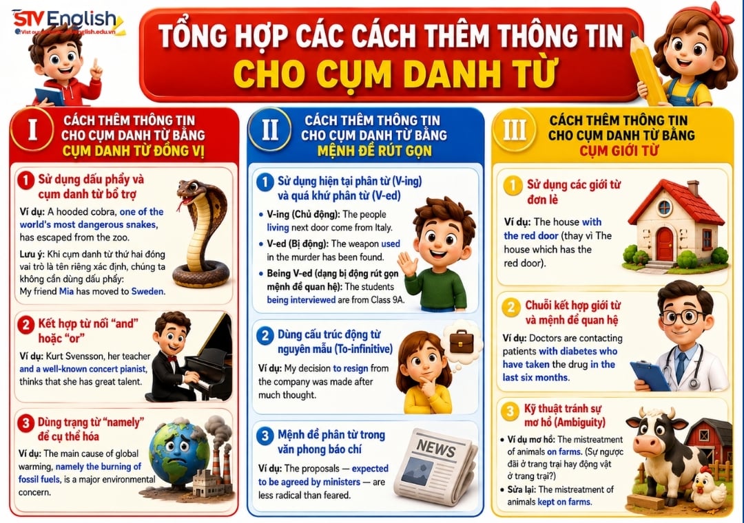 Tổng hợp các cách thêm thông tin cho cụm danh từ Tổng hợp các cách thêm thông tin cho cụm danh từ