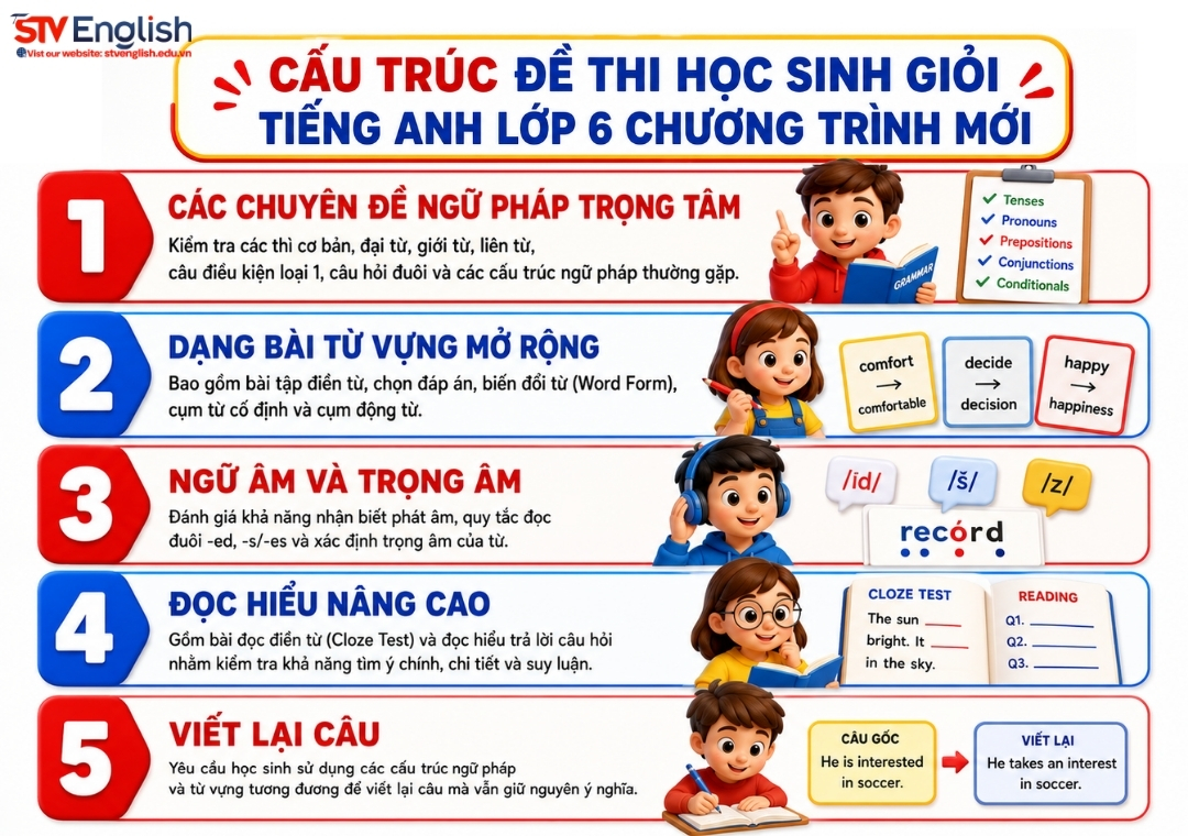 Cấu trúc đề thi học sinh giỏi tiếng Anh lớp 6 chương trình mới Cấu trúc đề thi học sinh giỏi tiếng Anh lớp 6 chương trình mới