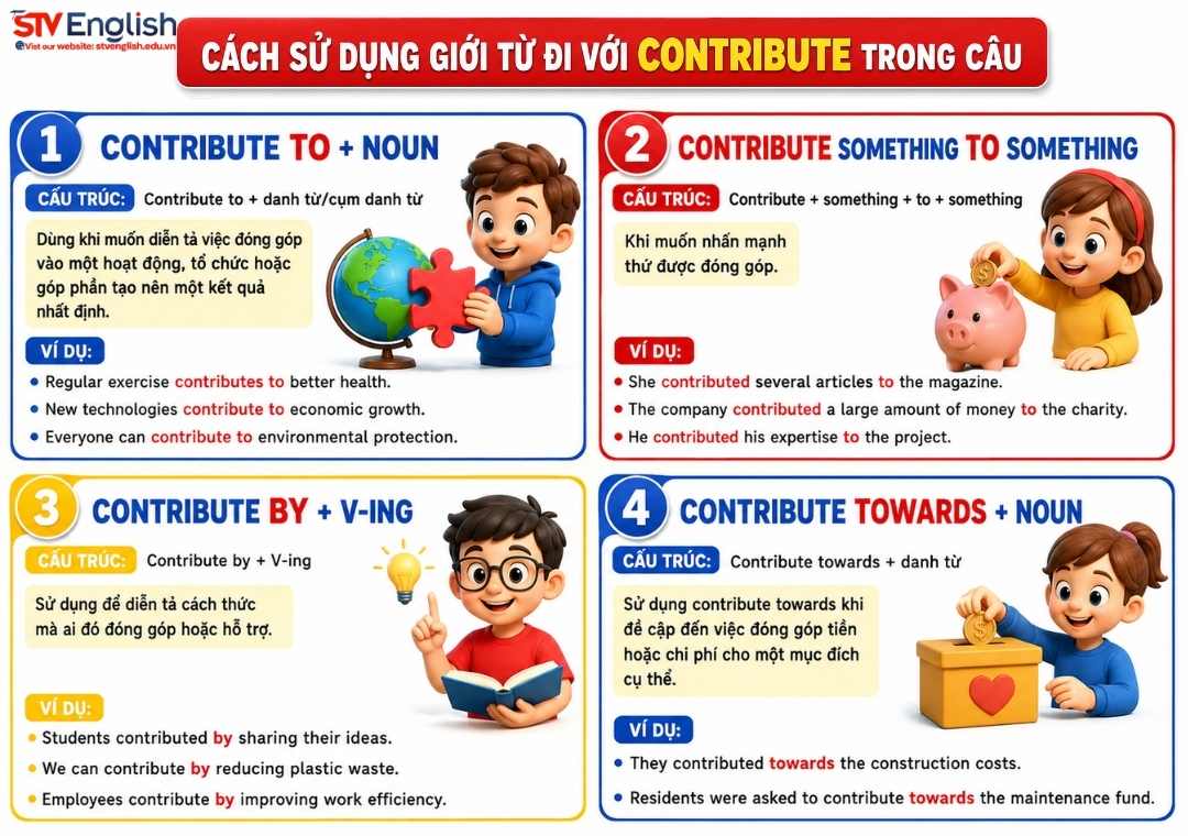 Cách sử dụng giới từ đi với contribute Cách sử dụng giới từ đi với contribute