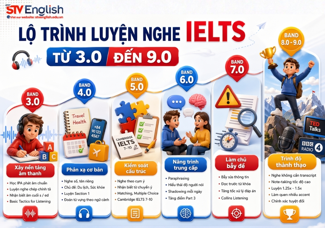 Lộ trình luyện nghe IELTS theo band điểm Lộ trình luyện nghe IELTS theo band điểm