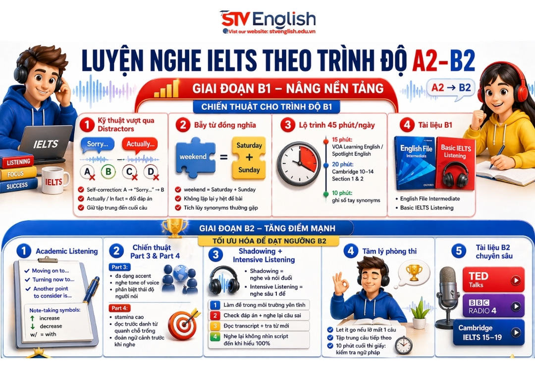 Luyện nghe IELTS theo trình độ A2–B2 Luyện nghe IELTS theo trình độ A2–B2