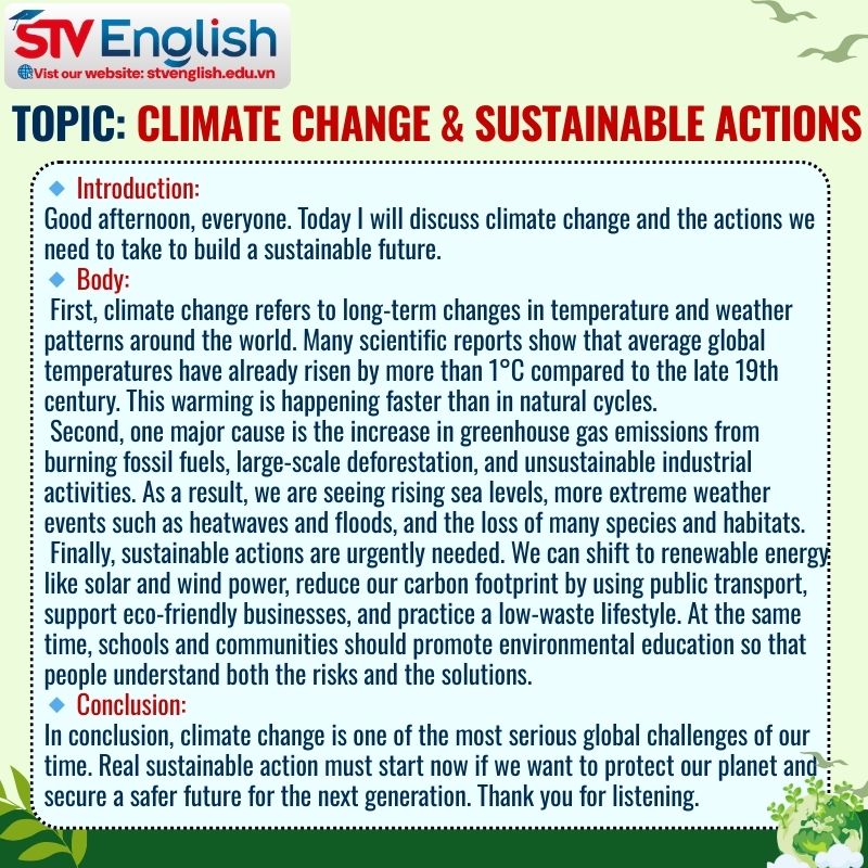 Mẫu bài thuyết trình tiếng Anh về môi trường: Topic Climate change & Sustainable actions Mẫu bài thuyết trình tiếng Anh về môi trường: Topic Climate change & Sustainable actions