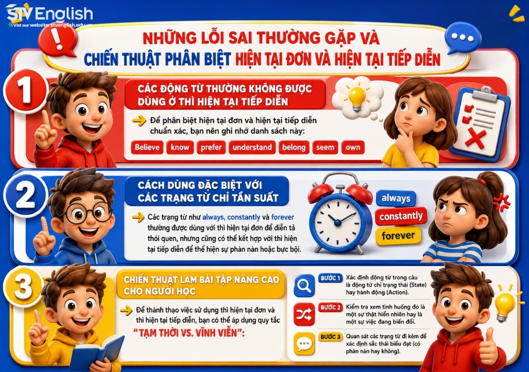 Những lỗi sai thường gặp và chiến thuật phân biệt thì hiện tại đơn và thì hiện tại tiếp diễn Những lỗi sai thường gặp và chiến thuật phân biệt thì hiện tại đơn và thì hiện tại tiếp diễn