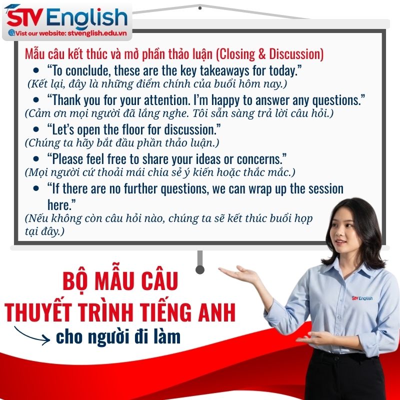 Hướng dẫn thuyết trình tiếng Anh cho người đi làm: Gợi ý mẫu câu kết thúc Hướng dẫn thuyết trình tiếng Anh cho người đi làm: Gợi ý mẫu câu kết thúc