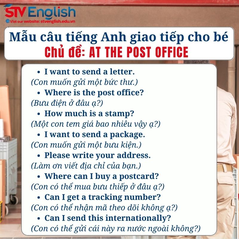 Mẫu câu tiếng Anh giao tiếp cho bé: Chủ đề At the Post Office Mẫu câu tiếng Anh giao tiếp cho bé: Chủ đề At the Post Office