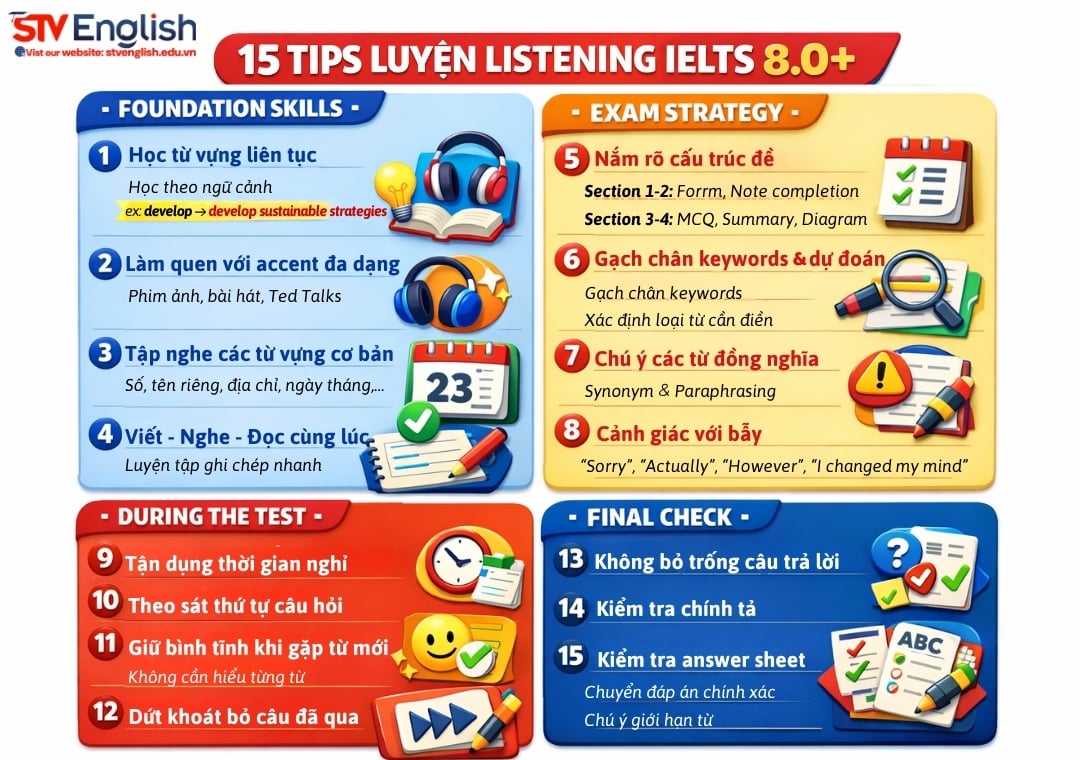 15 tips luyện Listening IELTS 8.0+ 15 tips luyện Listening IELTS 8.0+
