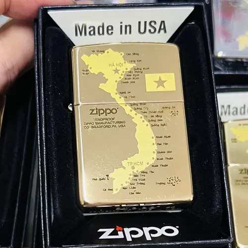 Zippo Vàng Bóng Vỏ Tiêu Chuẩn Bản Đồ Việt Nam