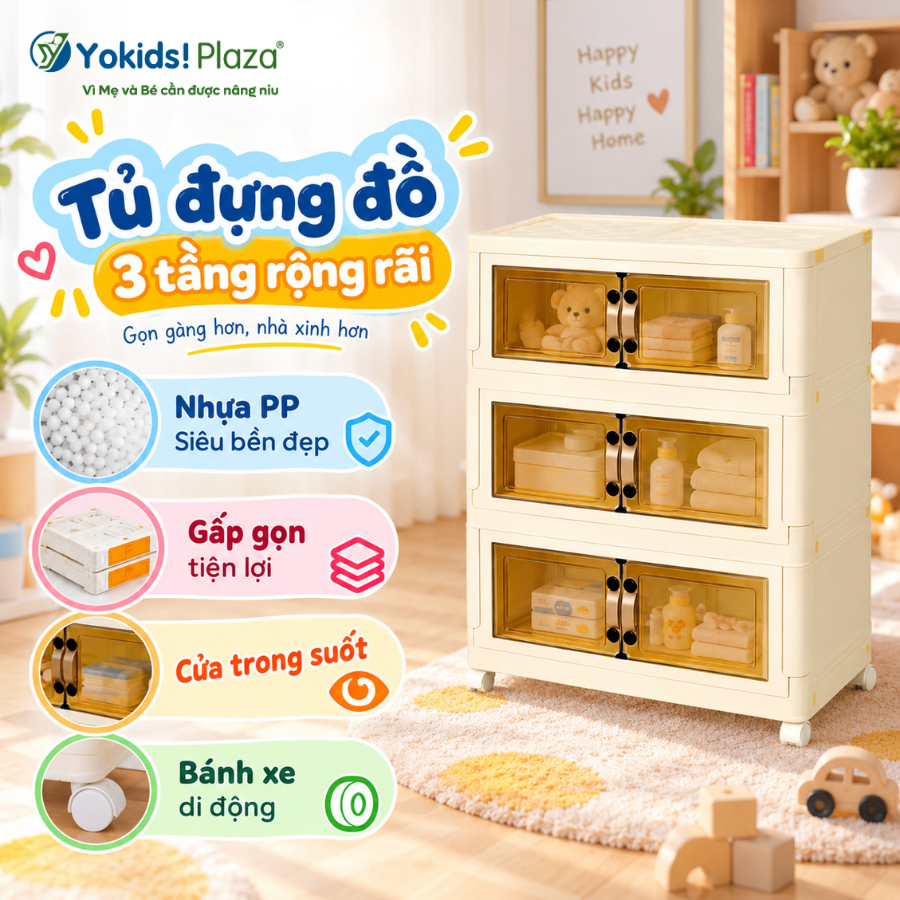 Tủ Nhựa Đựng Đồ Gấp Gọn Trong Suốt 3 Ngăn Nhiều Kích Thước – Yokids Plaza