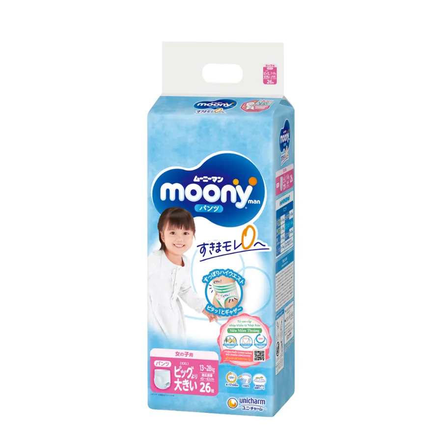 Bỉm tã quần Moony bé gái size XXL 26 miếng (13-28kg) (giao bao bì ngẫu nhiên)