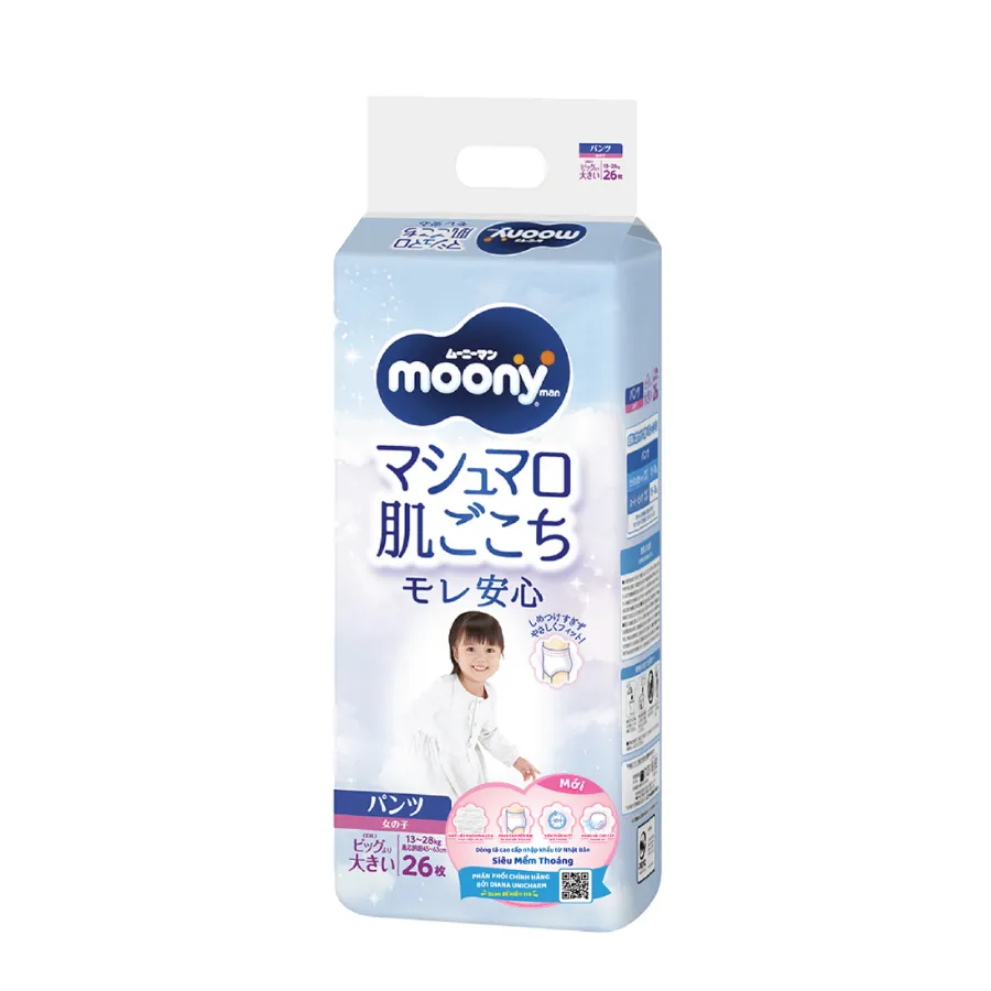 Bỉm tã quần Moony bé gái size XXL 26 miếng (13-28kg) (giao bao bì ngẫu nhiên)