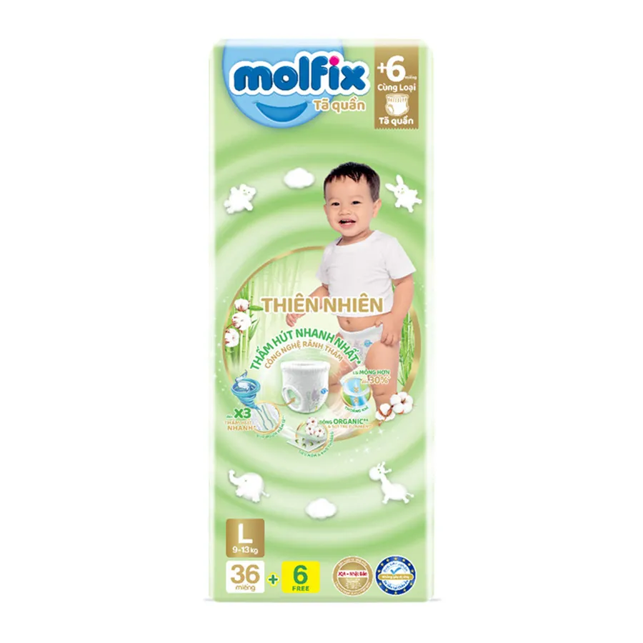 Tã quần Molfix thiên nhiên size L 36 + 6 miếng (9 - 13 kg)
