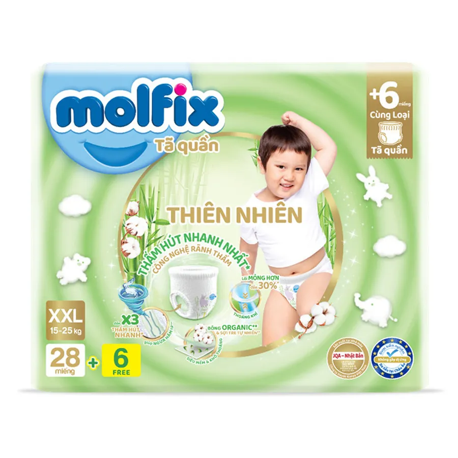 Tã quần Molfix thiên nhiên size XXL 28 + 6 miếng (15 - 25 kg)